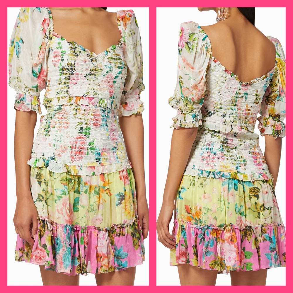 Hemant & Nandita Womens Jolie Smocked Mini Dress Size XS Cottage Floral Romantic